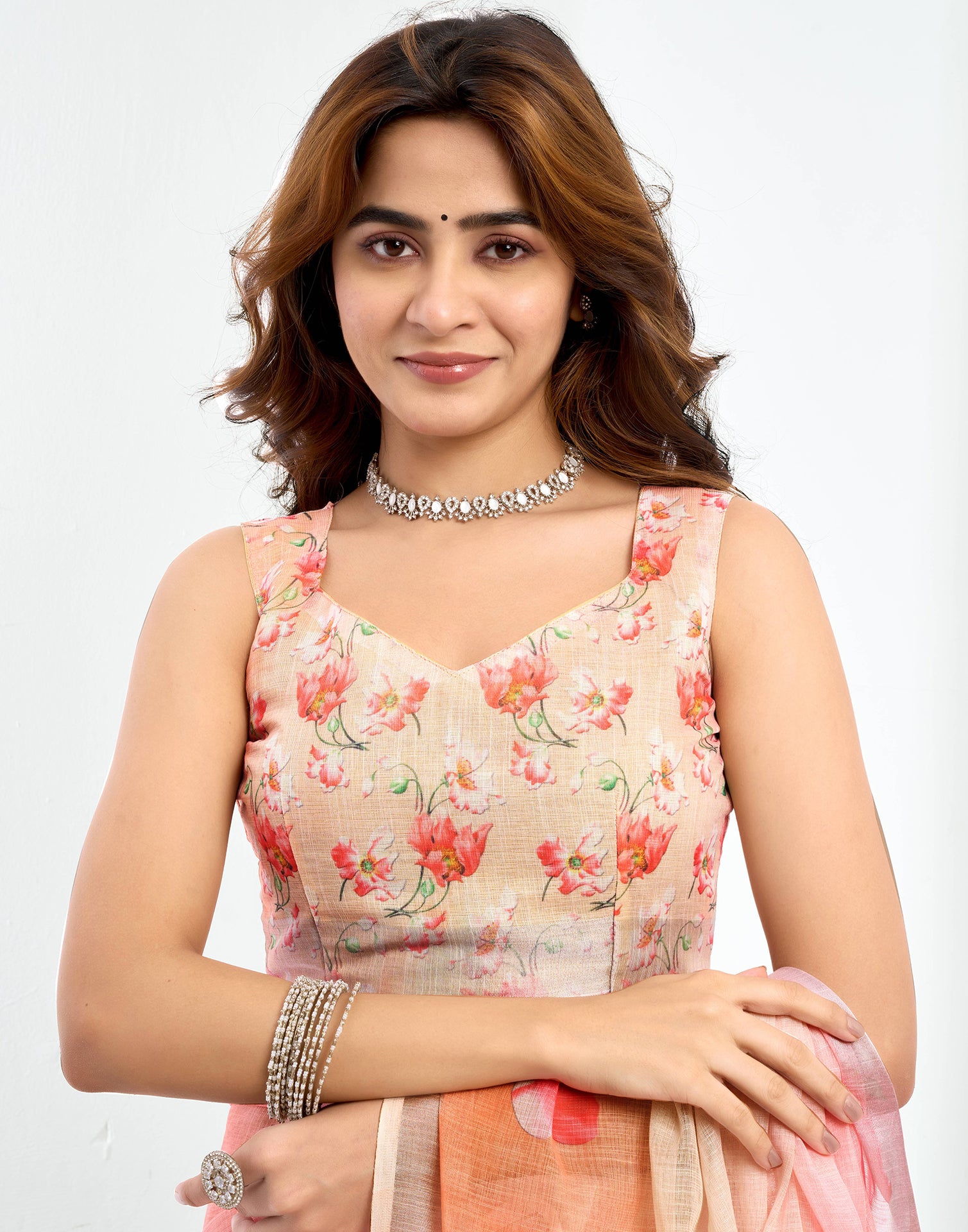 Ready To Wear Pink Linen Floral Printed Saree