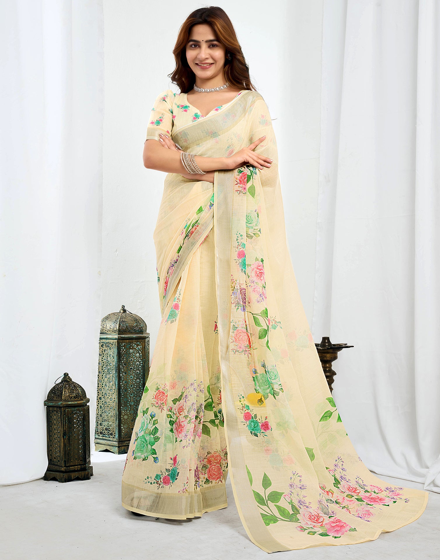 Ready To Wear Cream Printed Linen Saree