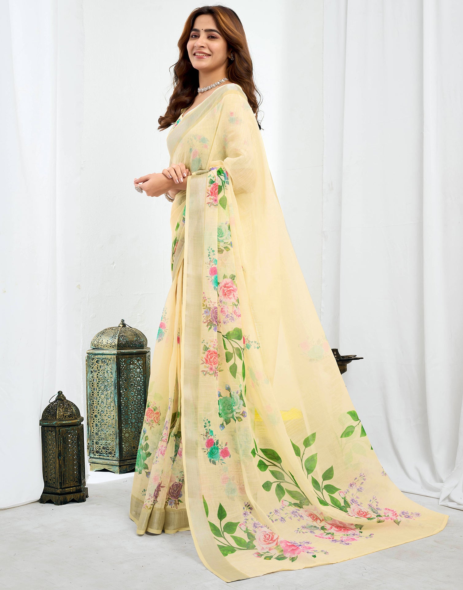 Ready To Wear Cream Printed Linen Saree