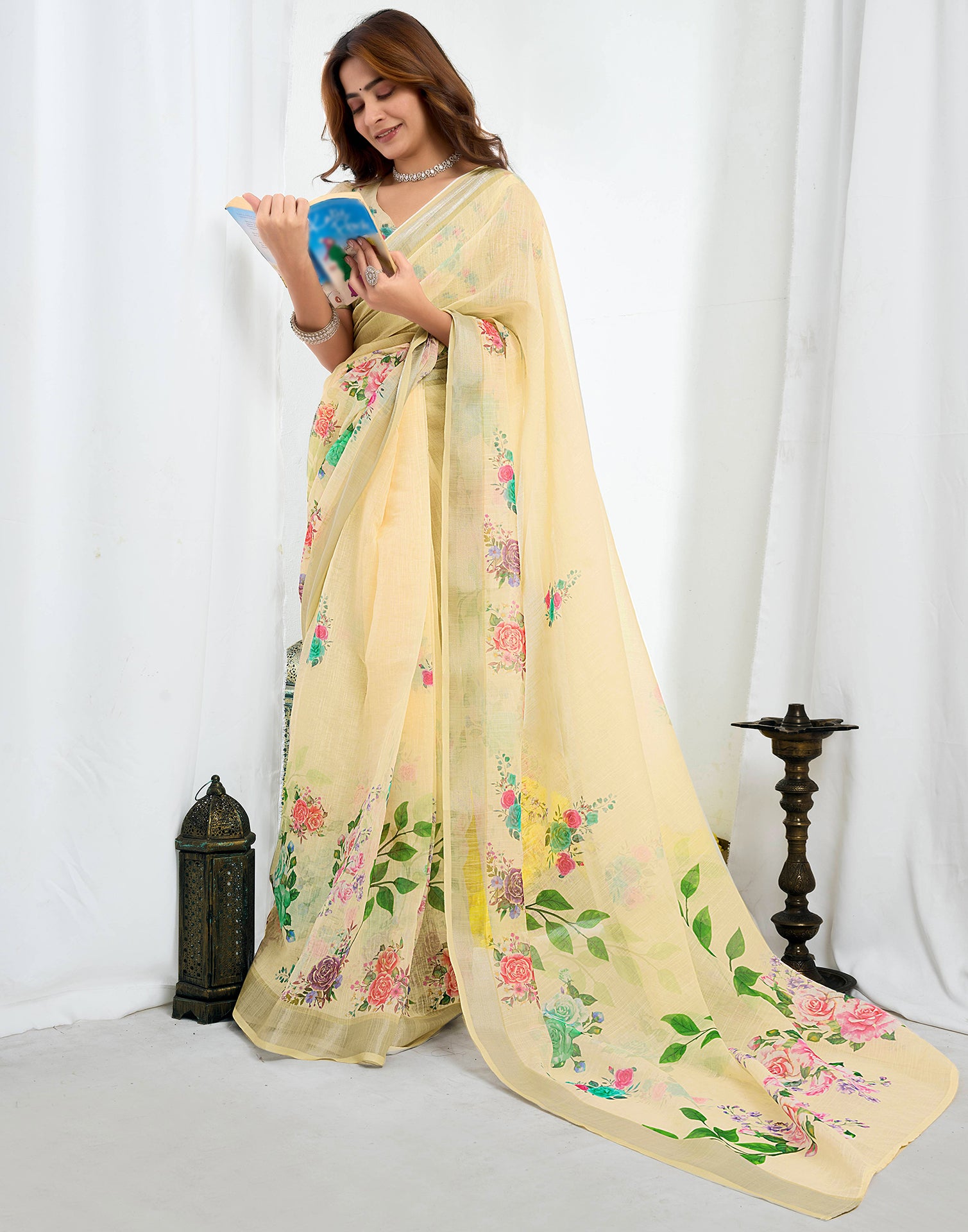 Ready To Wear Cream Printed Linen Saree