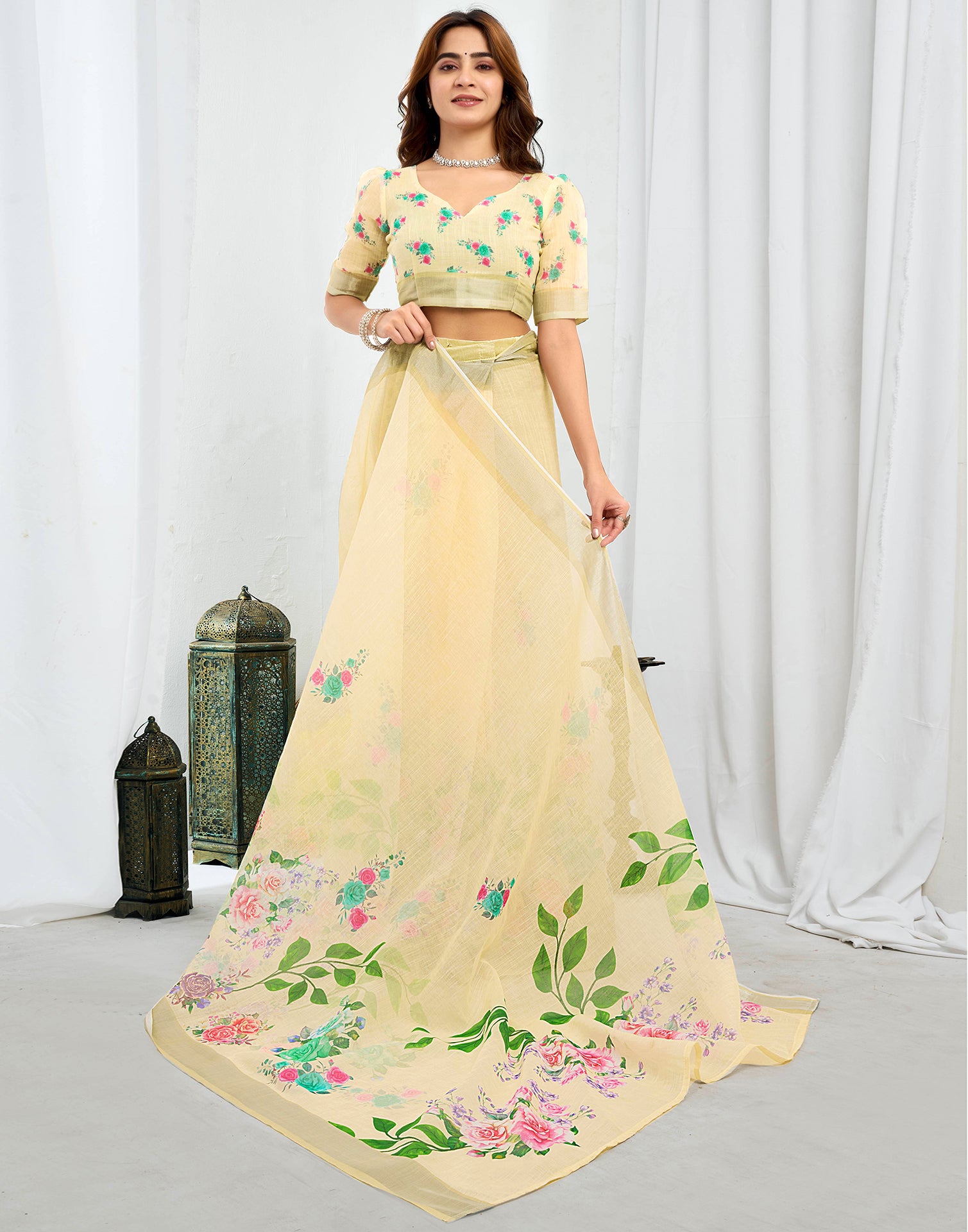 Ready To Wear Cream Printed Linen Saree