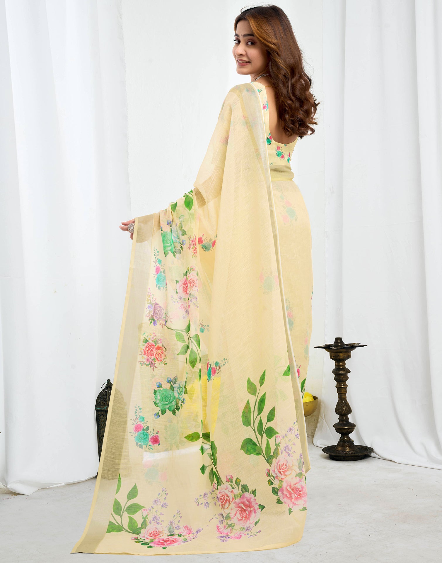 Ready To Wear Cream Printed Linen Saree