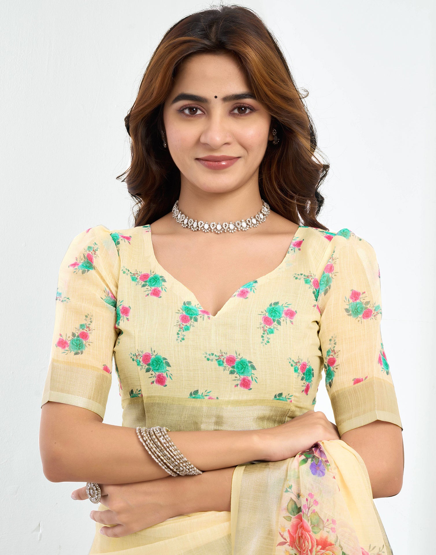 Ready To Wear Cream Printed Linen Saree