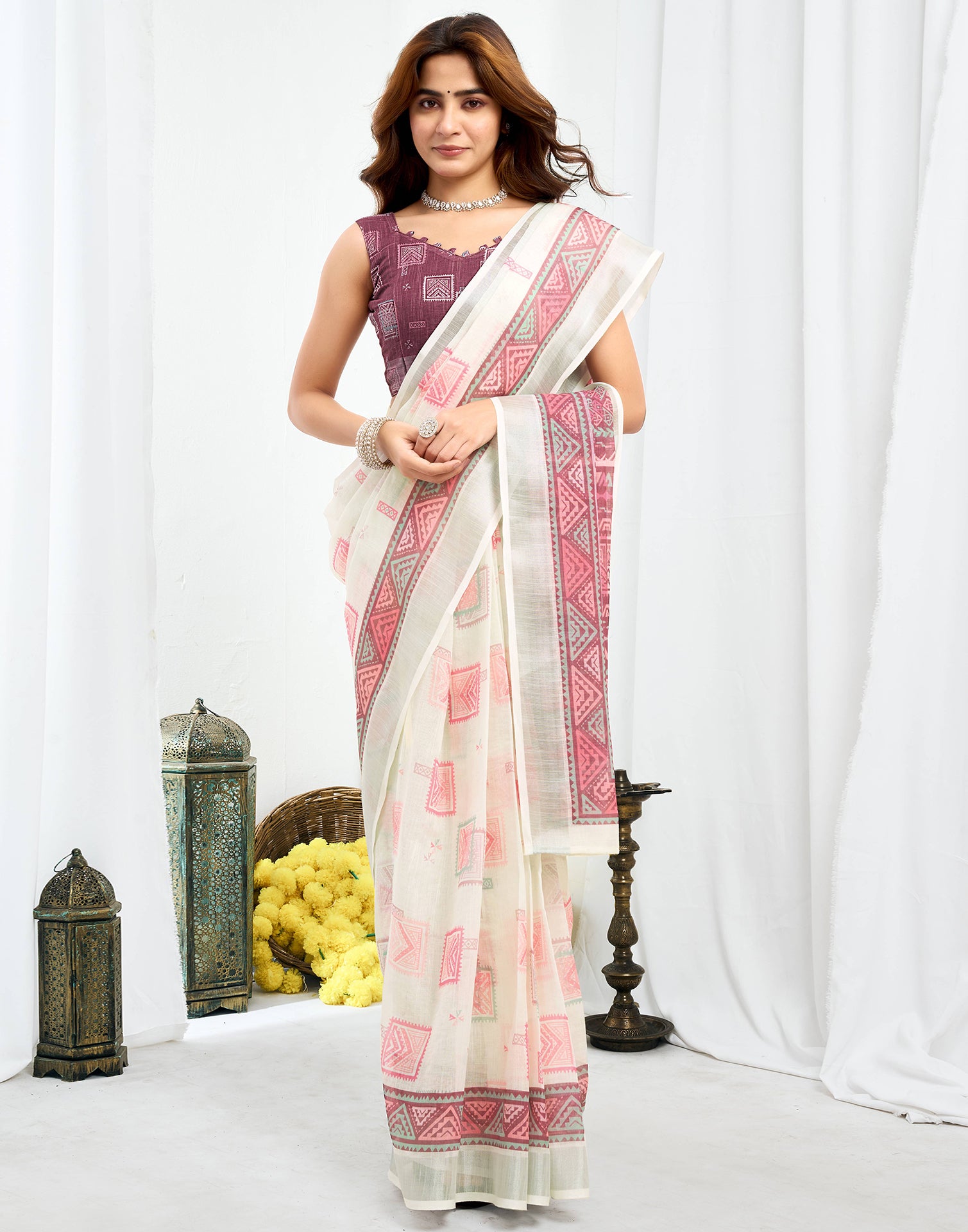 Ready To Wear Off White Printed Linen Saree