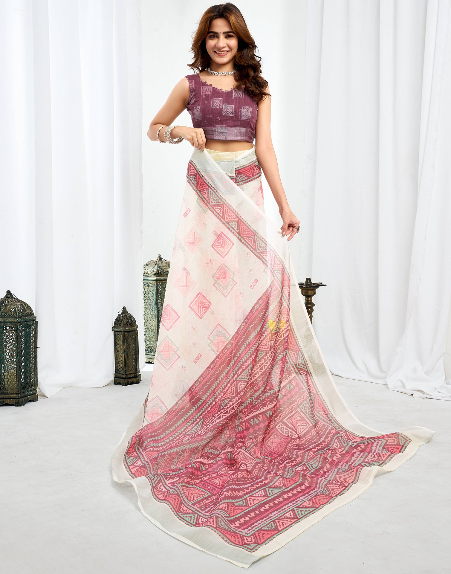 Ready To Wear Off White Printed Linen Saree