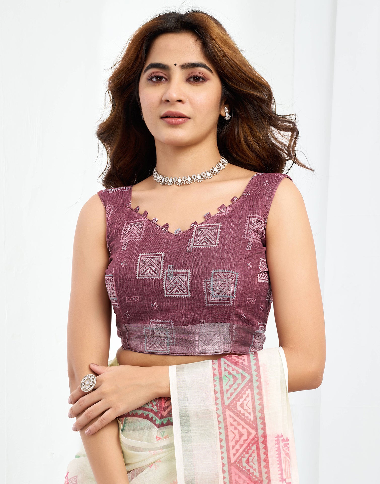 Ready To Wear Off White Printed Linen Saree