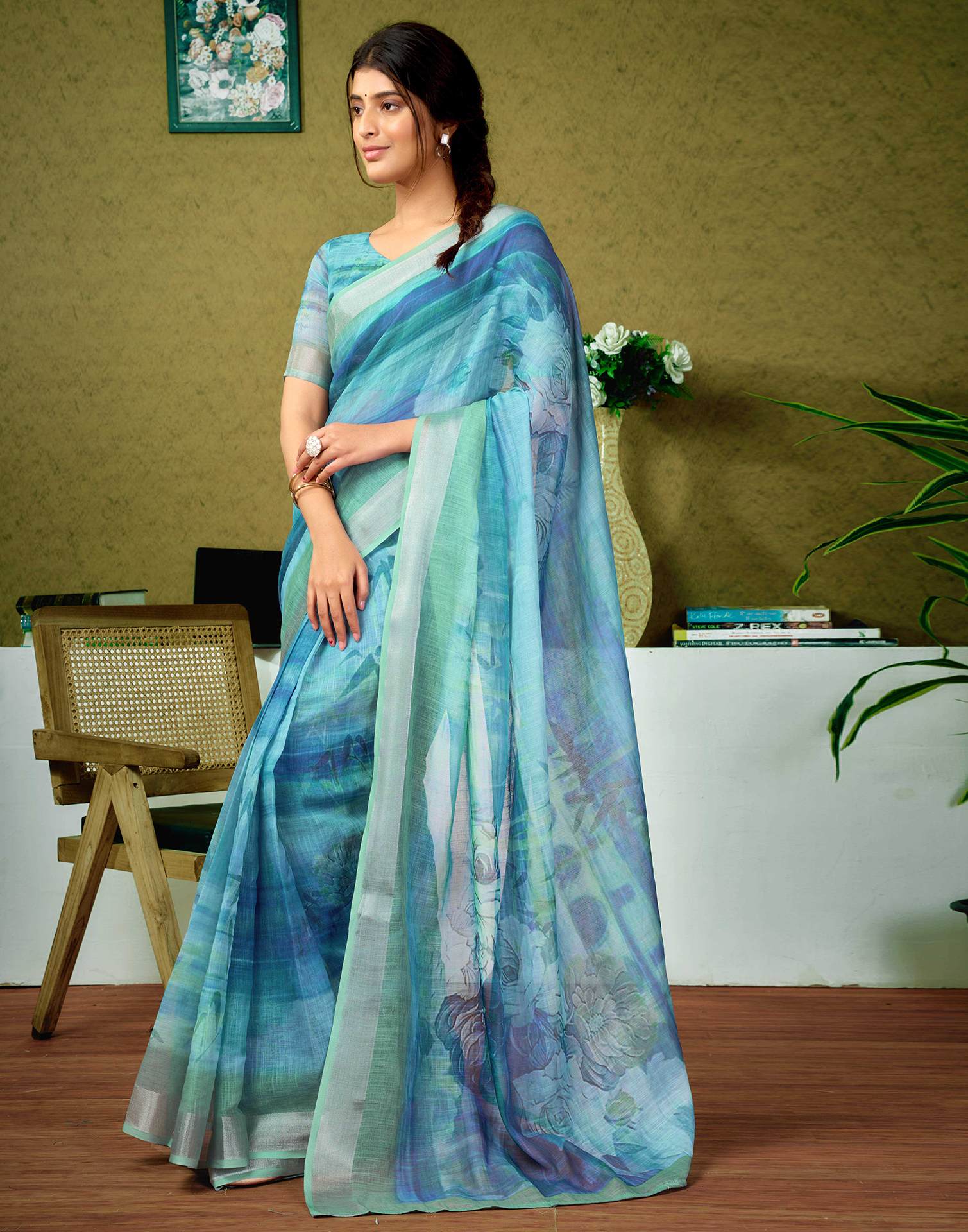Ready To Wear Blue Printed Linen Saree