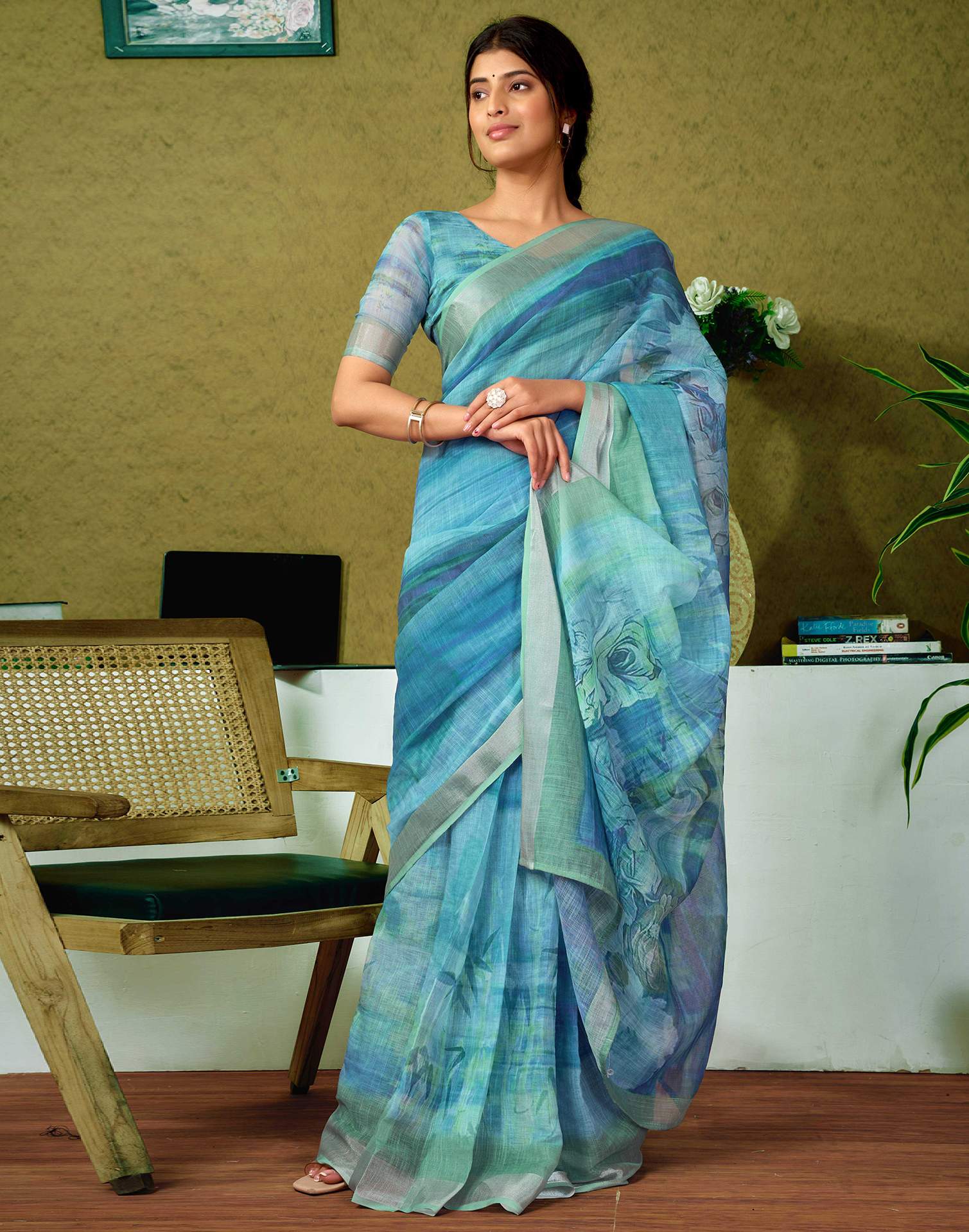 Ready To Wear Blue Printed Linen Saree