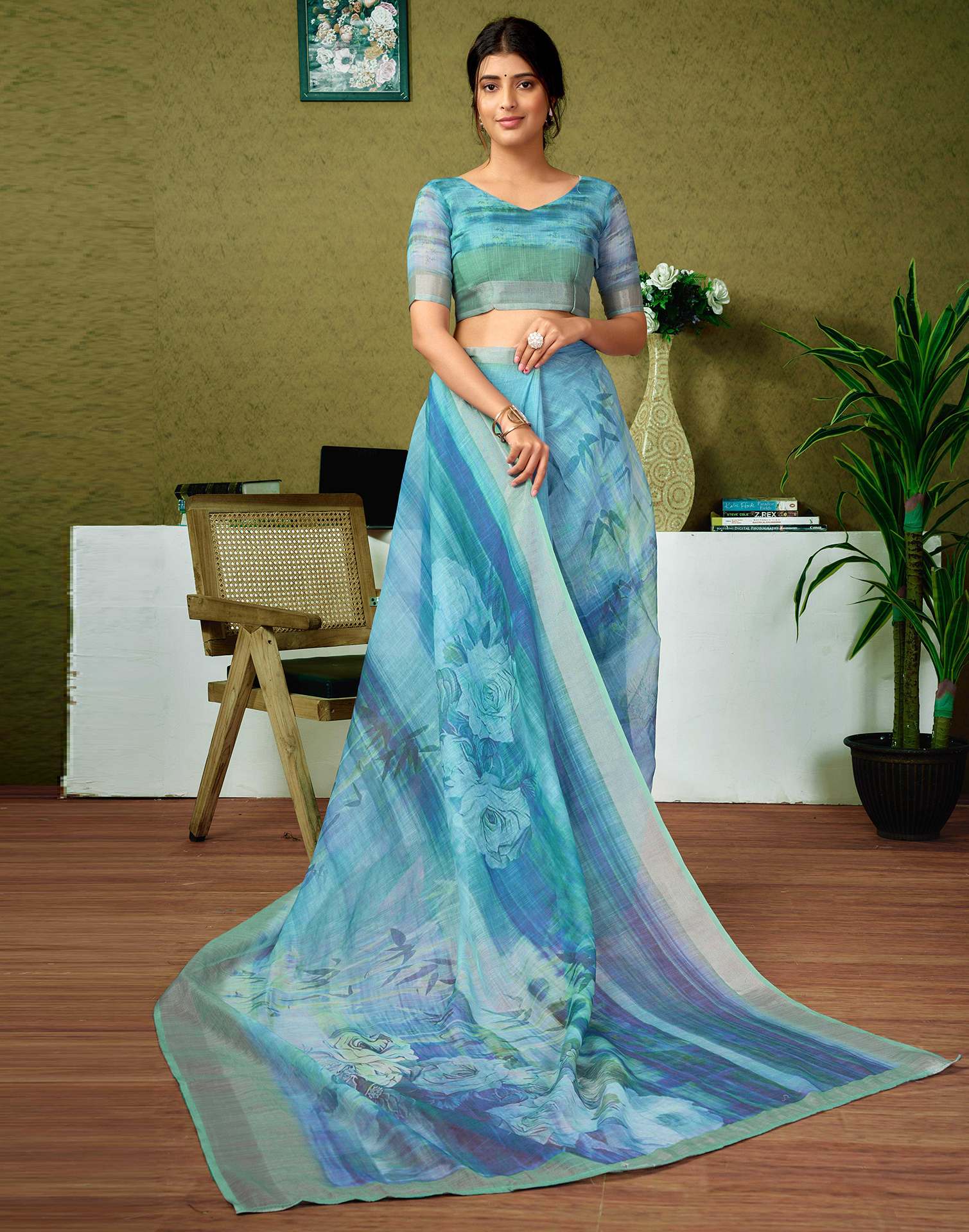 Ready To Wear Blue Printed Linen Saree