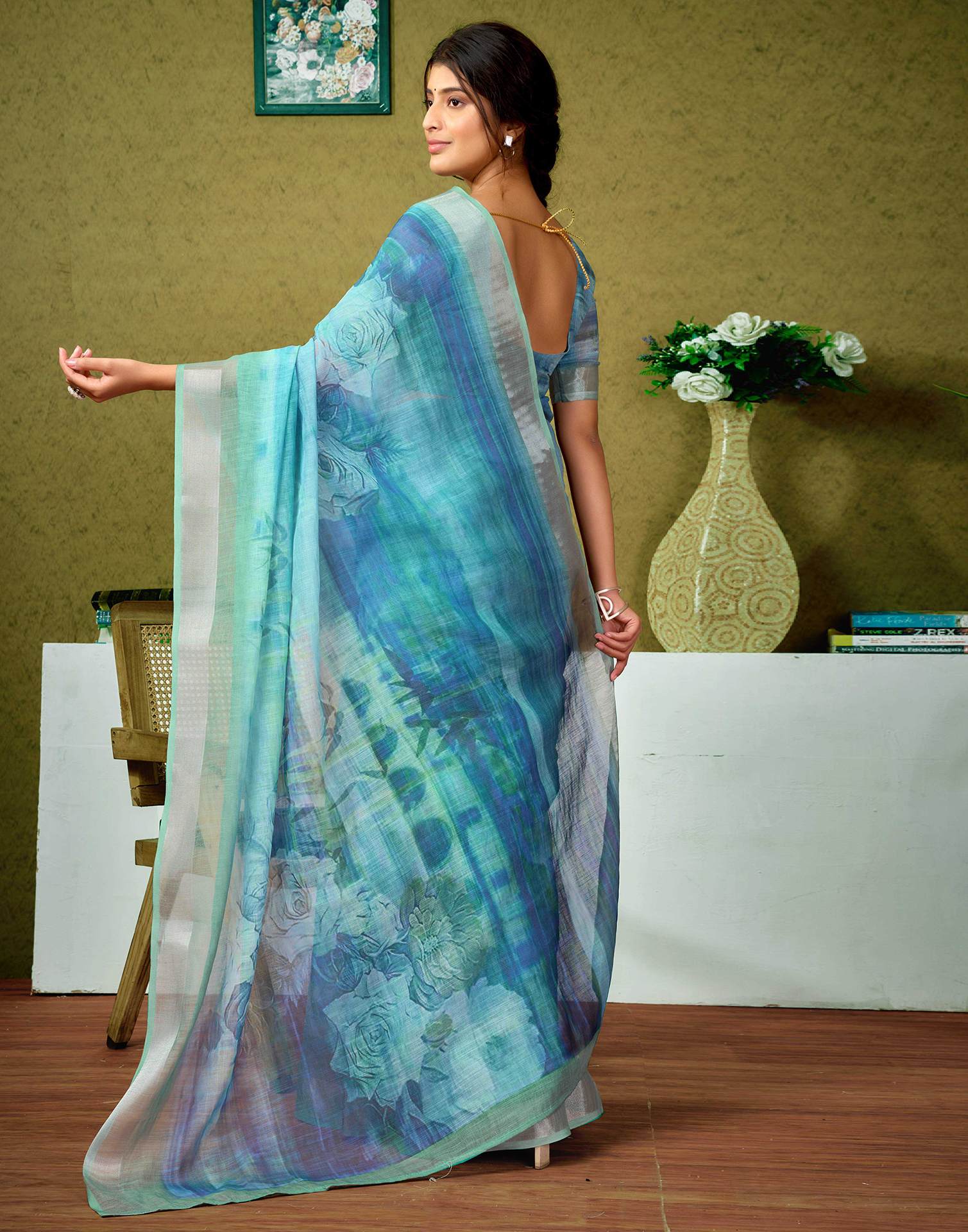 Ready To Wear Blue Printed Linen Saree