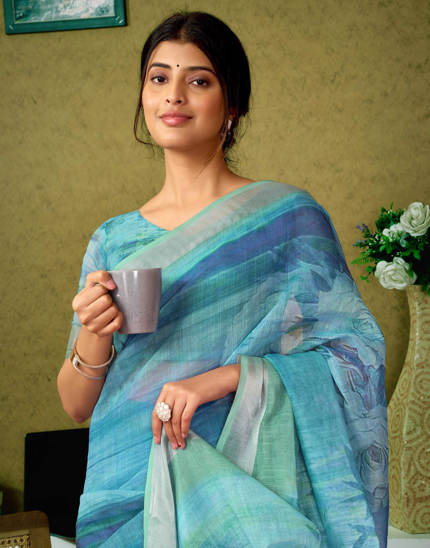Ready To Wear Blue Printed Linen Saree
