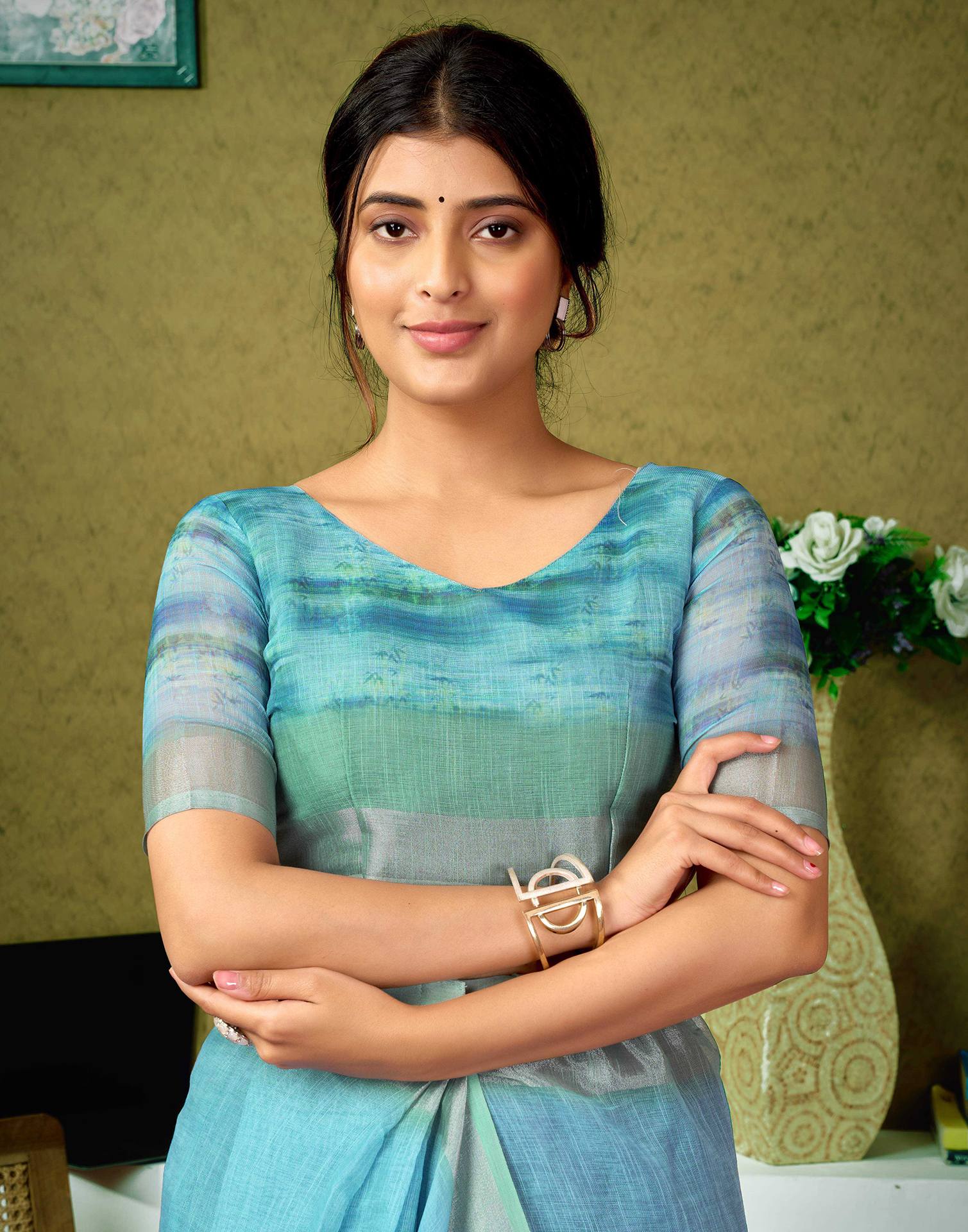 Ready To Wear Blue Printed Linen Saree