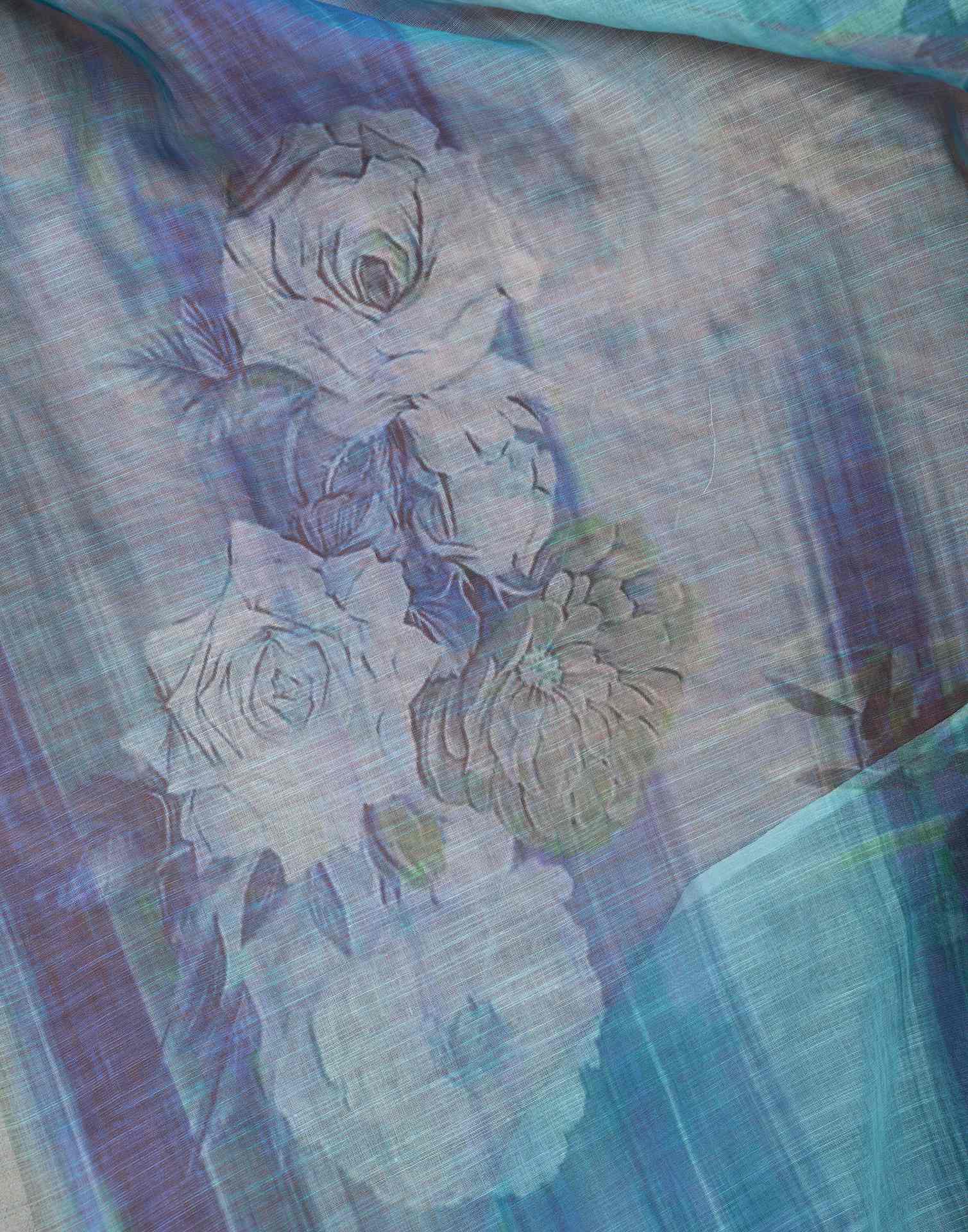 Ready To Wear Blue Printed Linen Saree