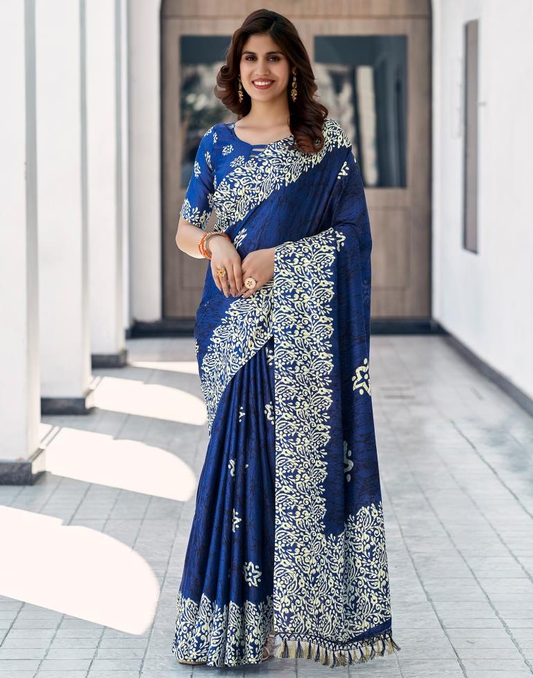 Dark Blue Vichitra Silk Printed Saree