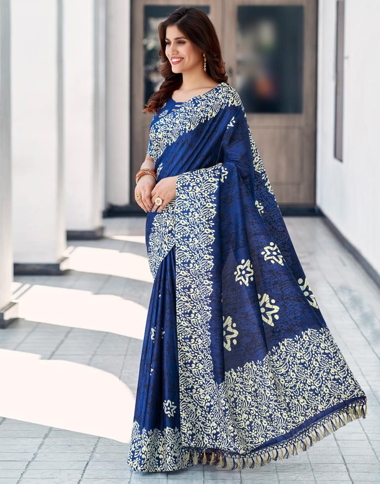 Dark Blue Vichitra Silk Printed Saree