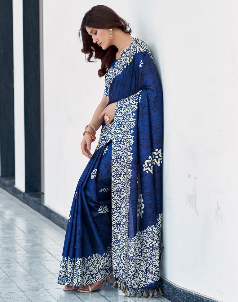 Dark Blue Vichitra Silk Printed Saree