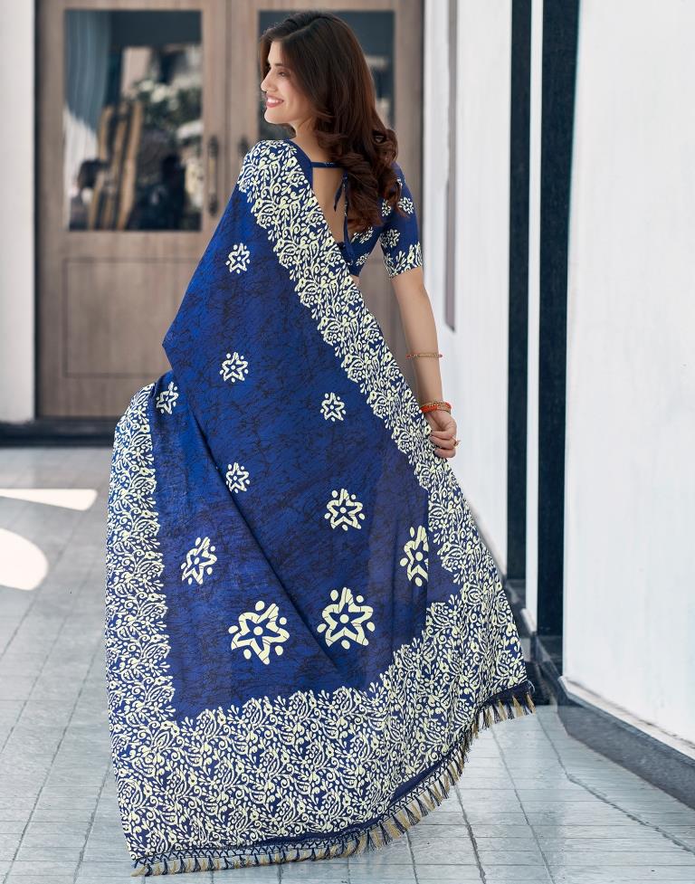 Dark Blue Vichitra Silk Printed Saree