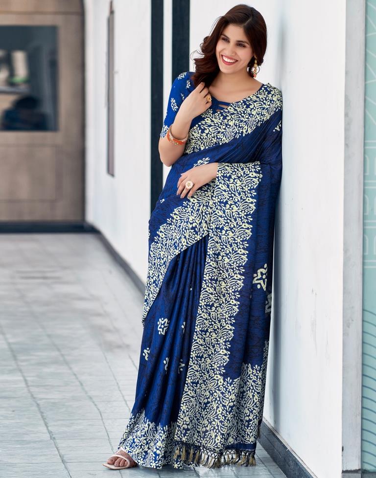 Dark Blue Vichitra Silk Printed Saree