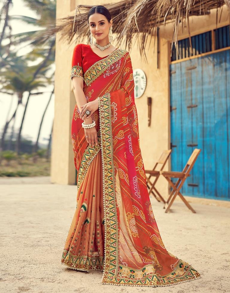 Dusty Red Chiffon Printed Saree