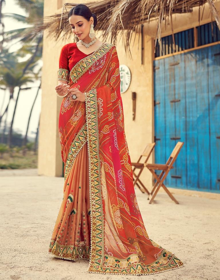 Dusty Red Chiffon Printed Saree