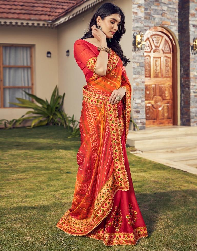 Red Chiffon Printed Saree