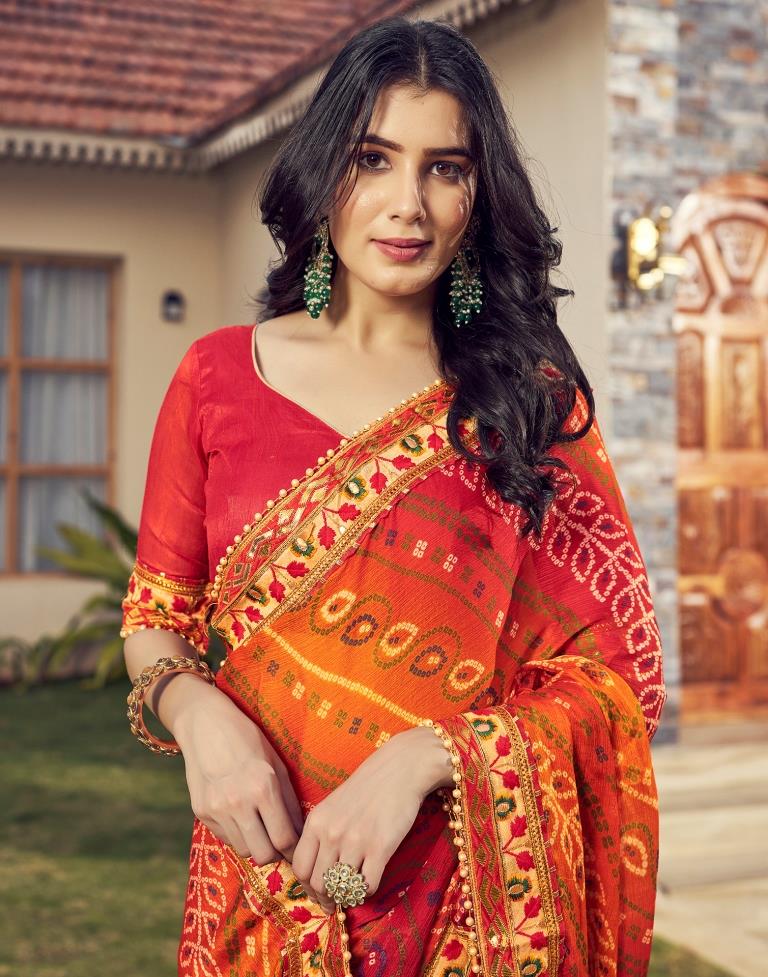 Red Chiffon Printed Saree