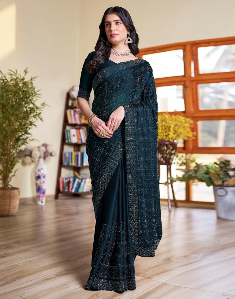Sea Blue Georgette Stone Work Swarovski Saree