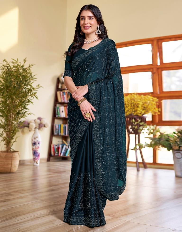 Sea Blue Georgette Stone Work Swarovski Saree