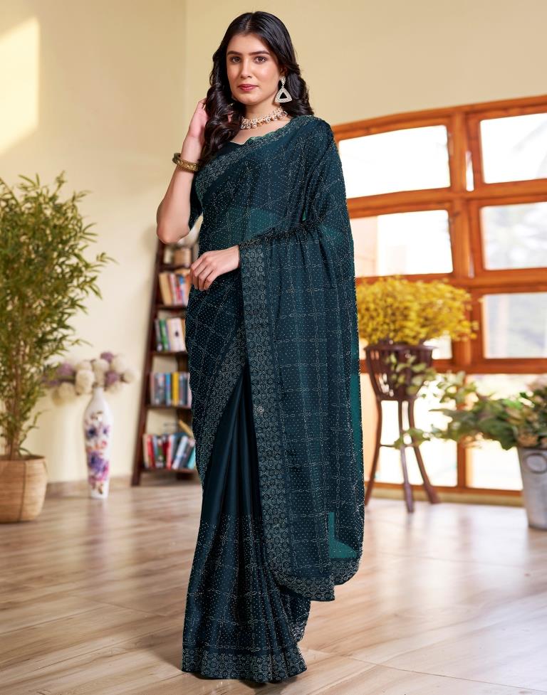 Sea Blue Georgette Stone Work Swarovski Saree