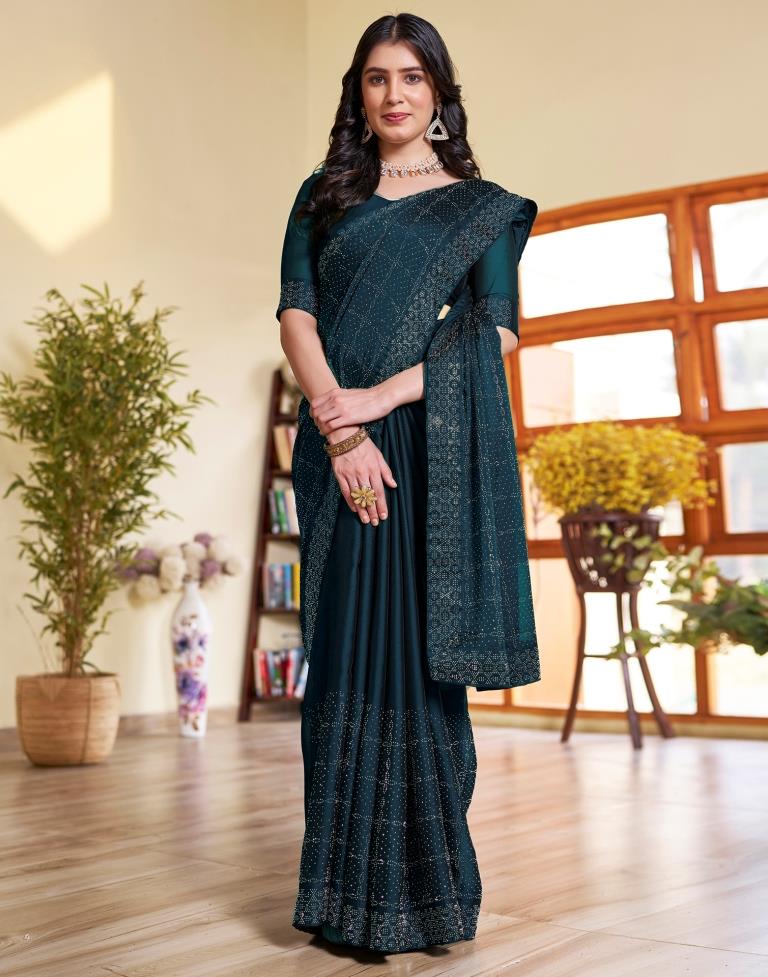 Sea Blue Georgette Stone Work Swarovski Saree