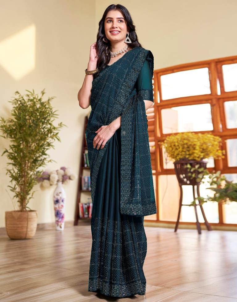 Sea Blue Georgette Stone Work Swarovski Saree