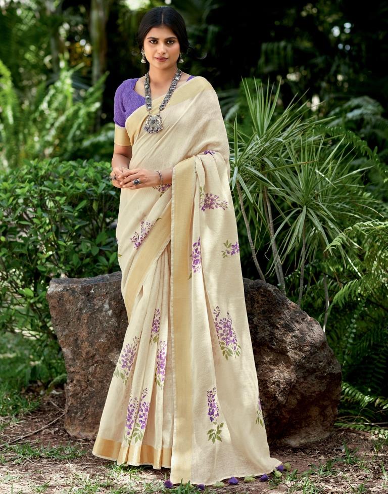 Beige Printed Cotton Saree