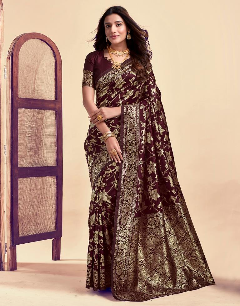 Dark Maroon Silk Woven Banarasi Saree