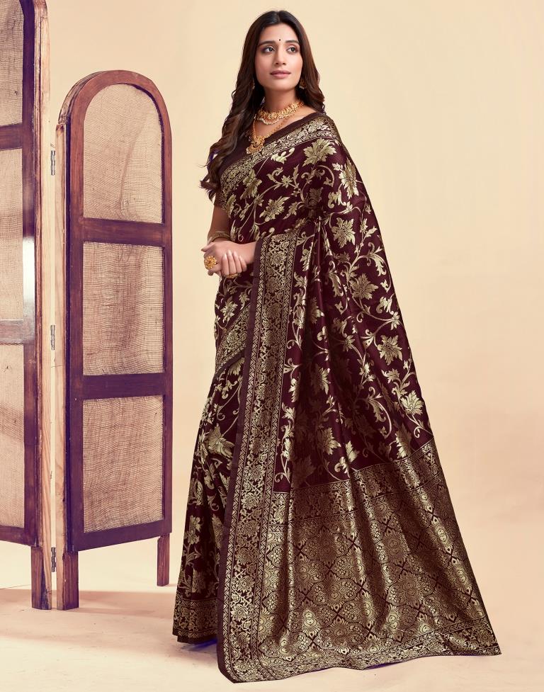 Dark Maroon Silk Woven Banarasi Saree