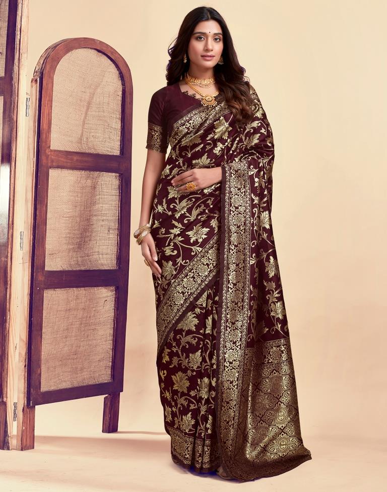 Dark Maroon Silk Woven Banarasi Saree