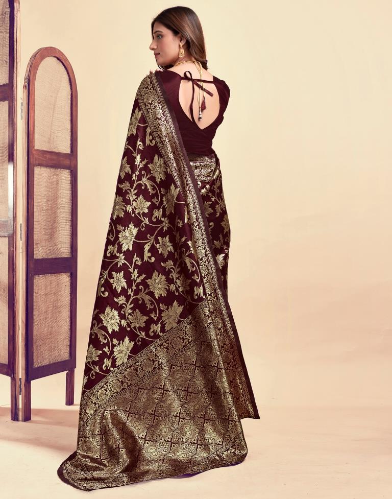 Dark Maroon Silk Woven Banarasi Saree
