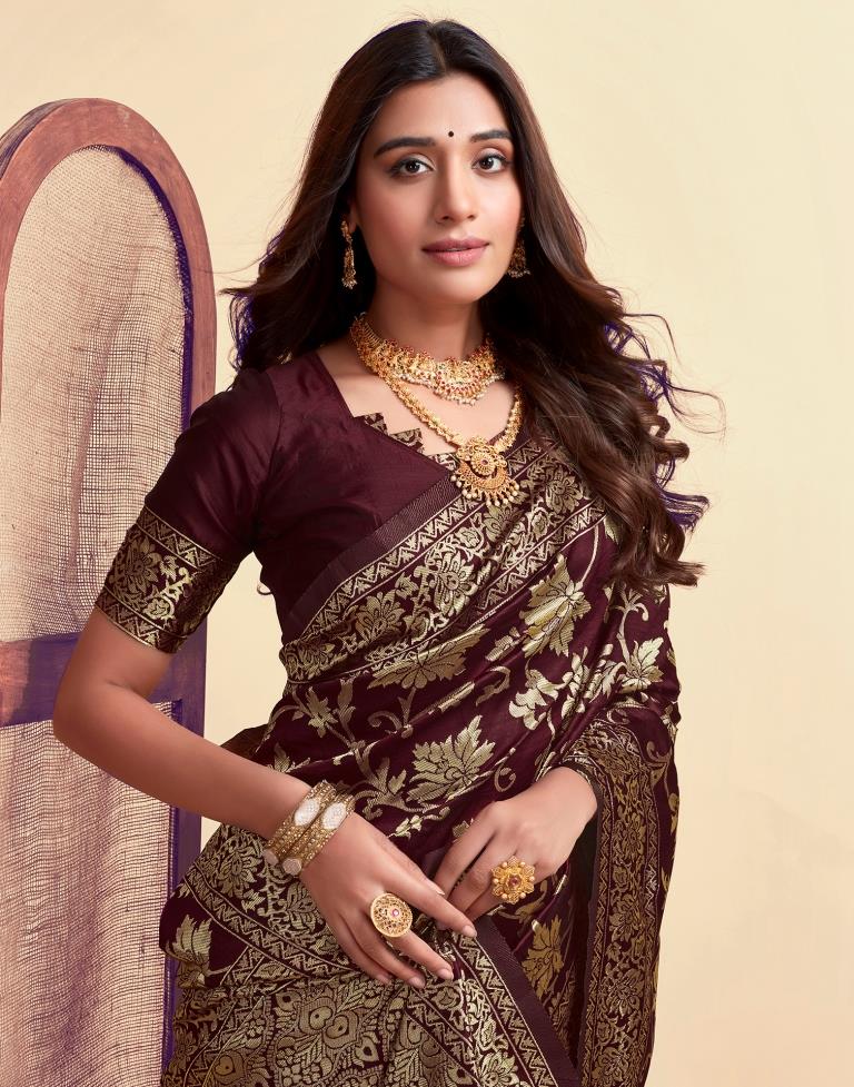 Dark Maroon Silk Woven Banarasi Saree