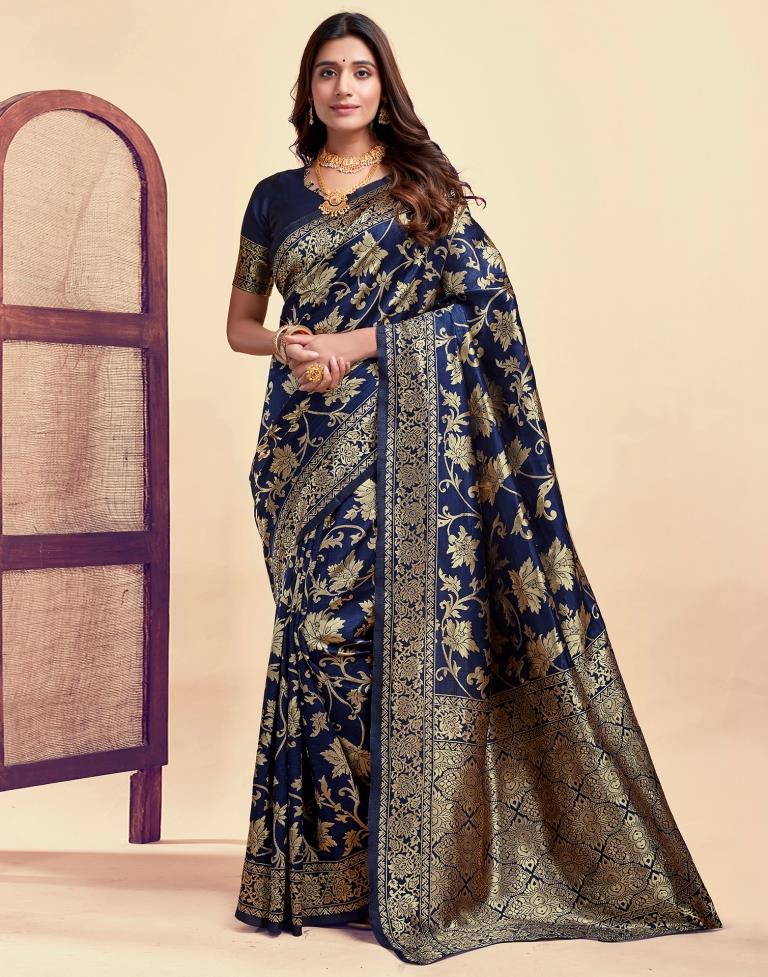 Navy Blue Silk Woven Banarasi Saree