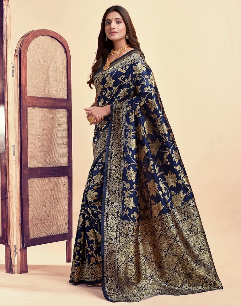Navy Blue Silk Woven Banarasi Saree