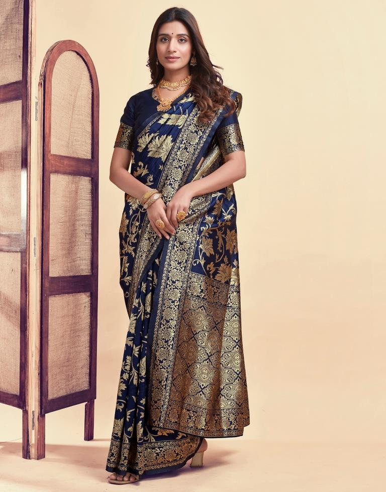 Navy Blue Silk Woven Banarasi Saree