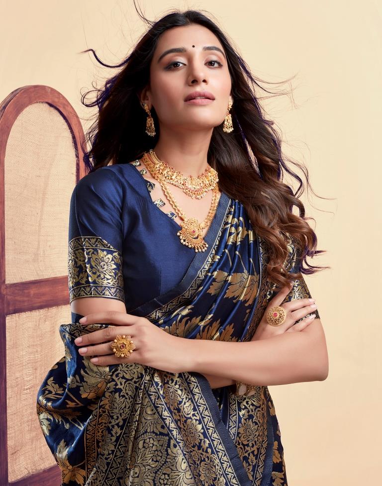 Navy Blue Silk Woven Banarasi Saree