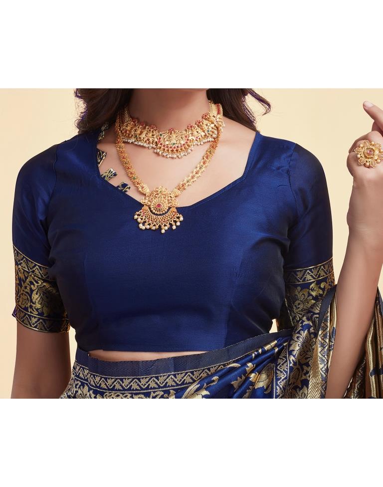 Navy Blue Silk Woven Banarasi Saree