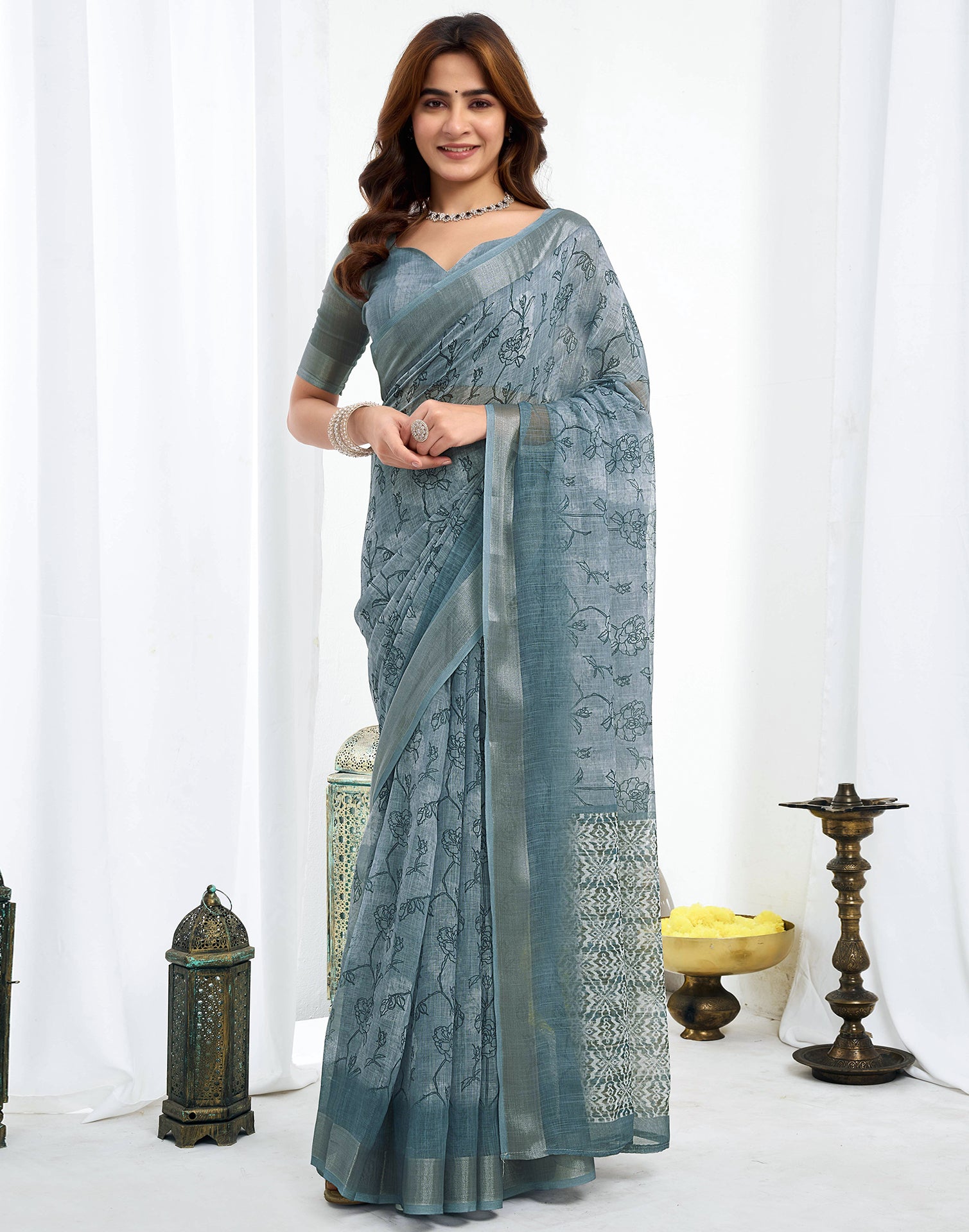 Ready To Wear Grey Printed Linen Saree