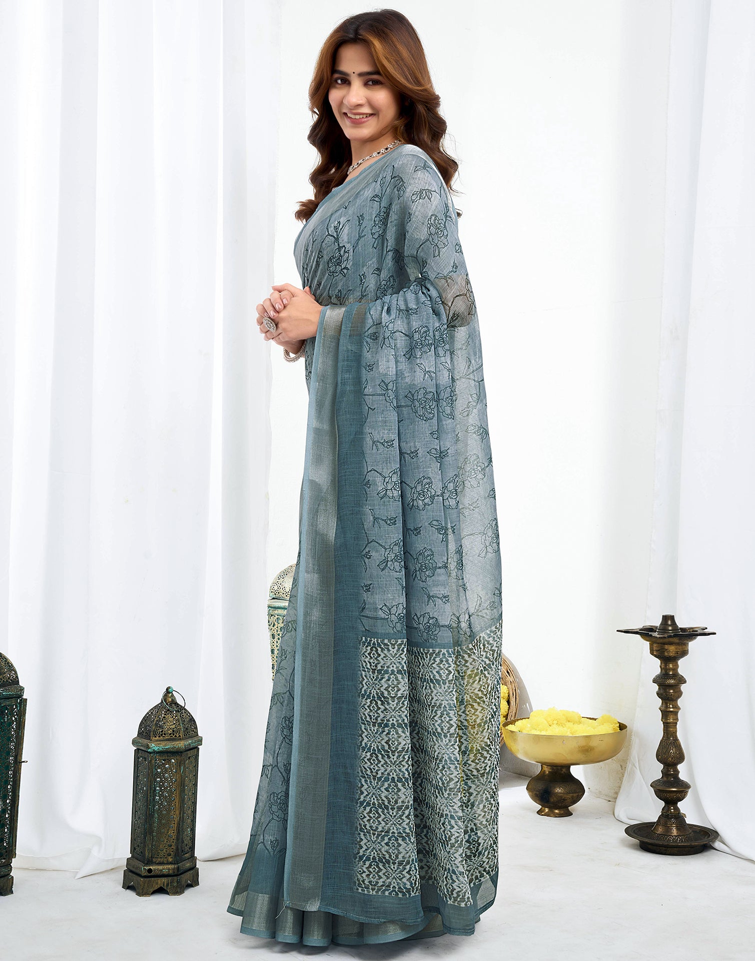 Ready To Wear Grey Printed Linen Saree