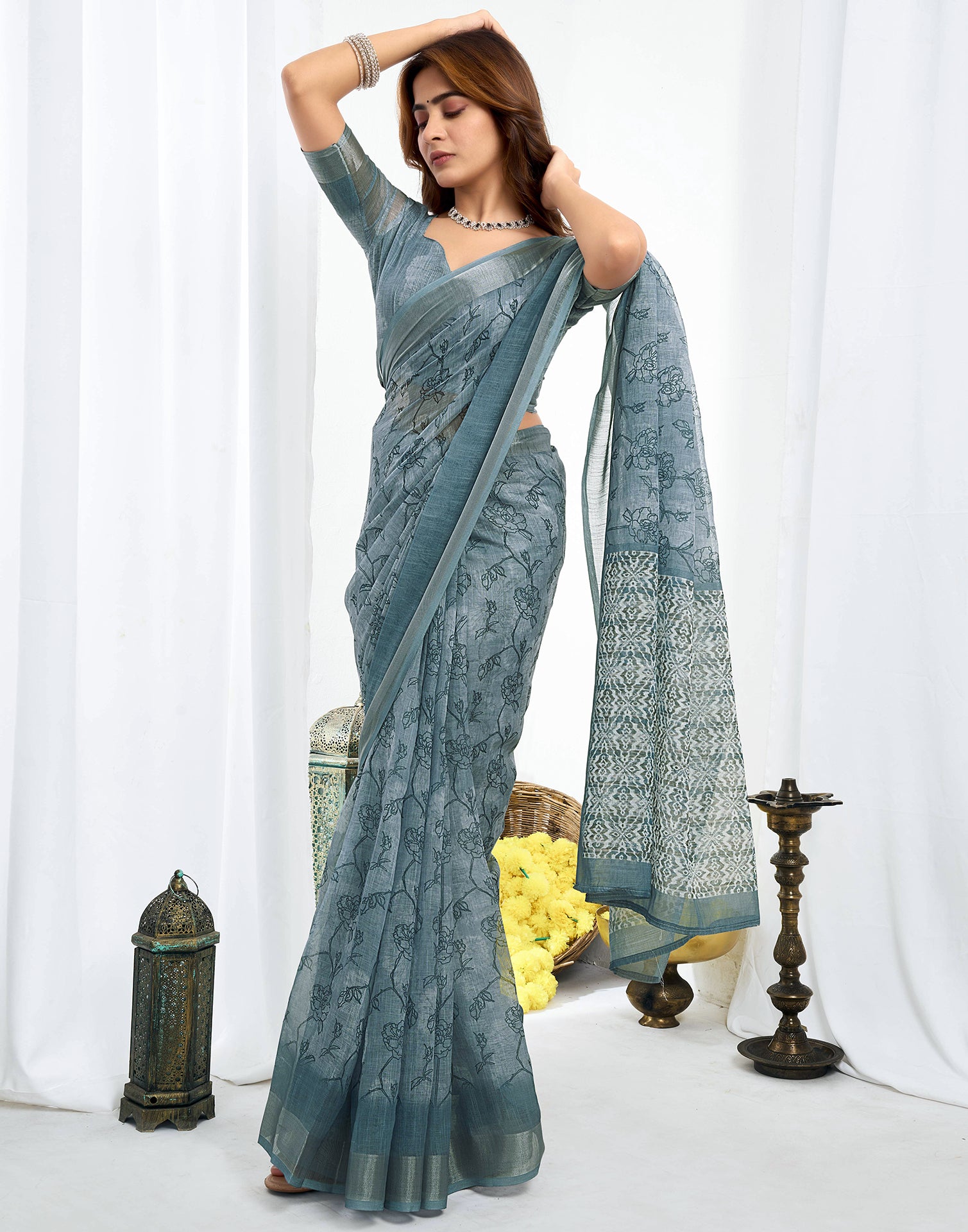 Ready To Wear Grey Printed Linen Saree
