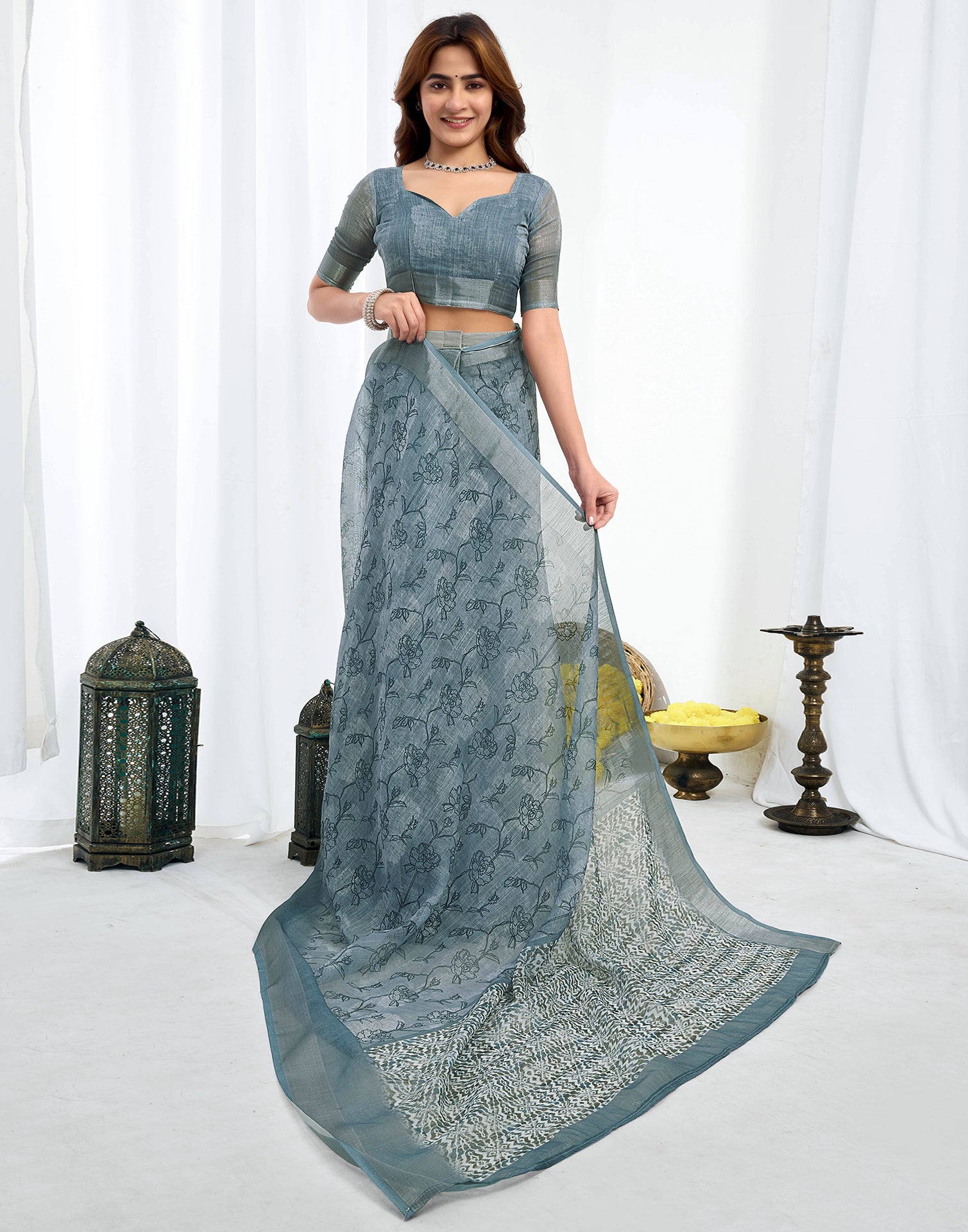 Ready To Wear Grey Printed Linen Saree