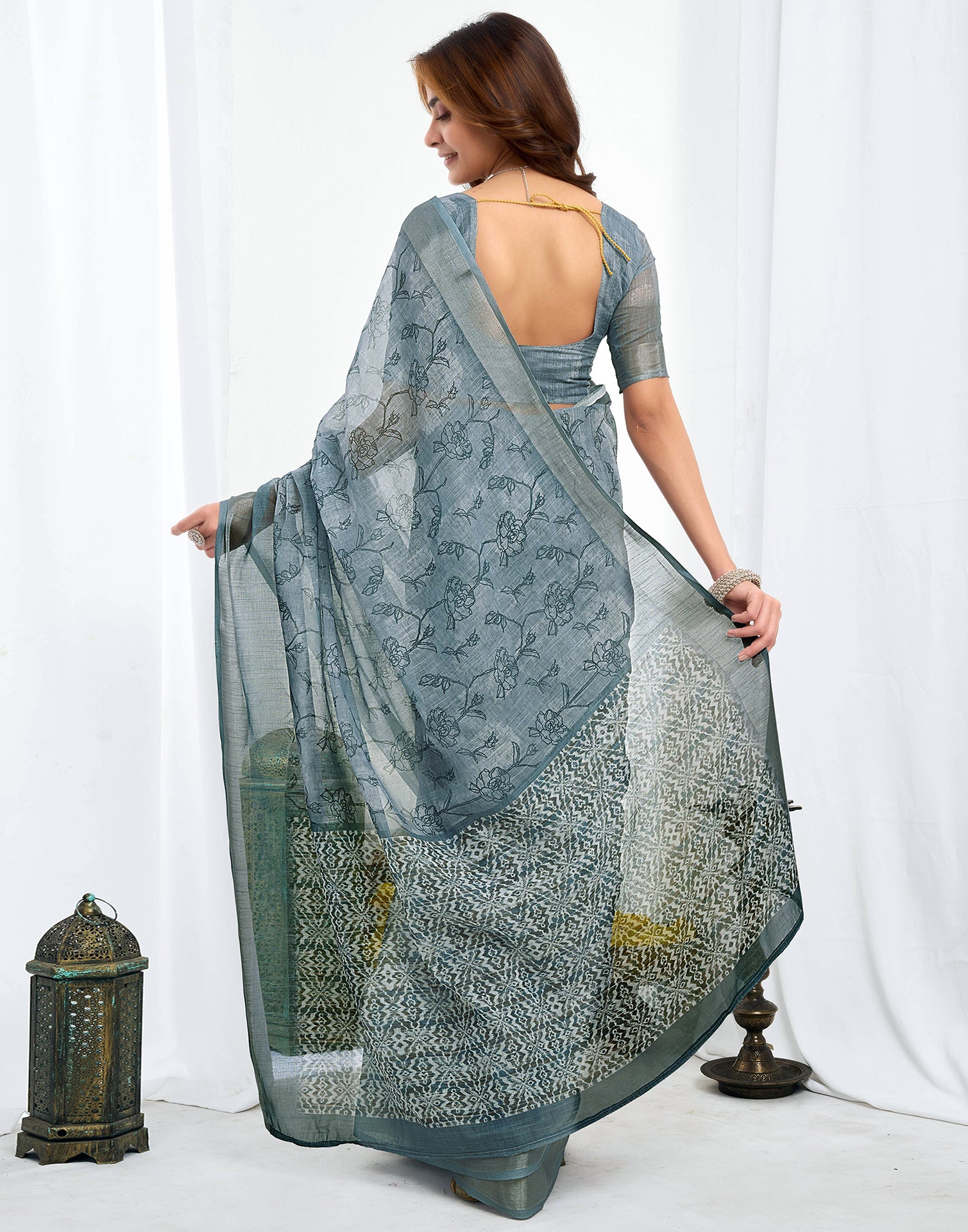 Ready To Wear Grey Printed Linen Saree