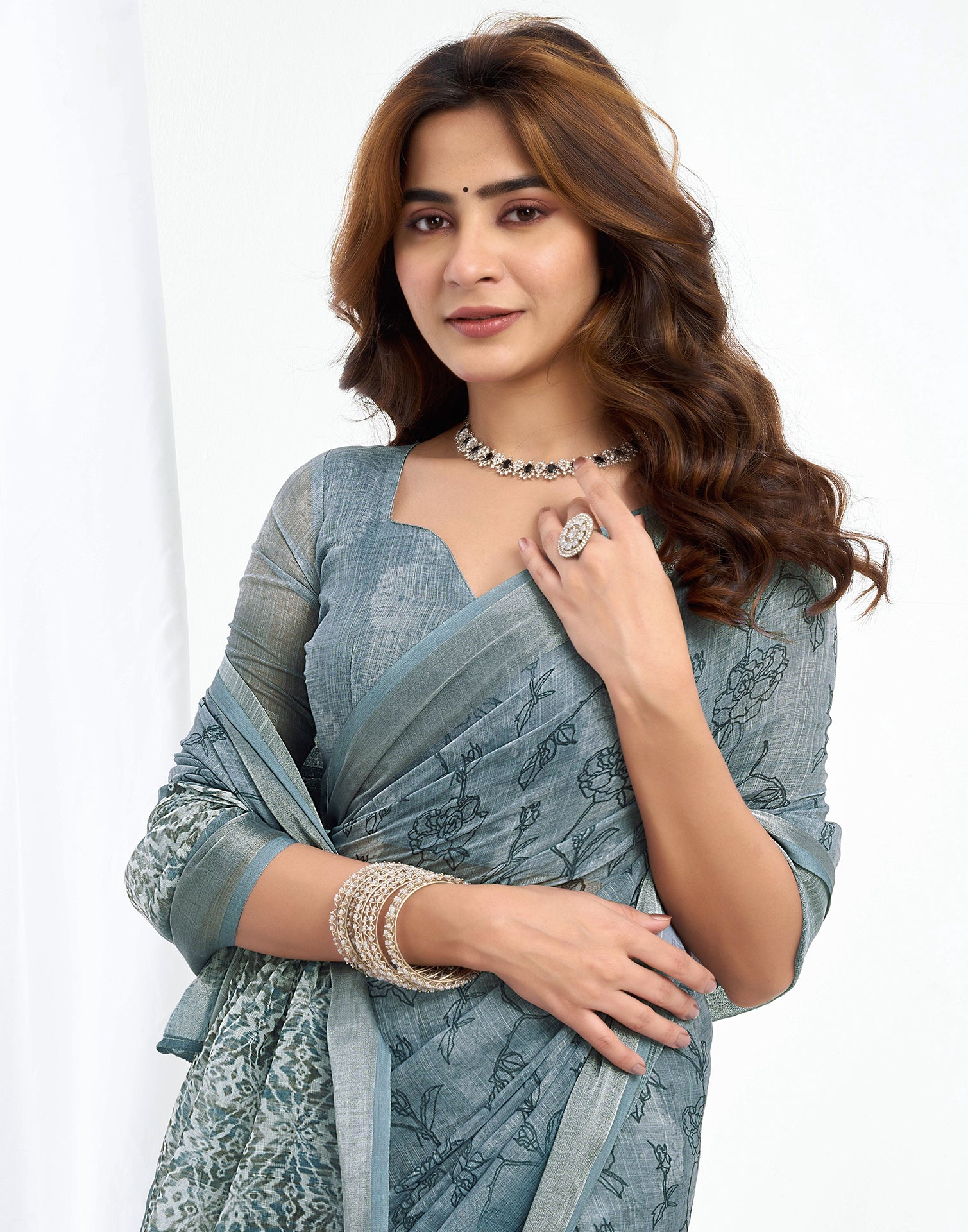 Ready To Wear Grey Printed Linen Saree