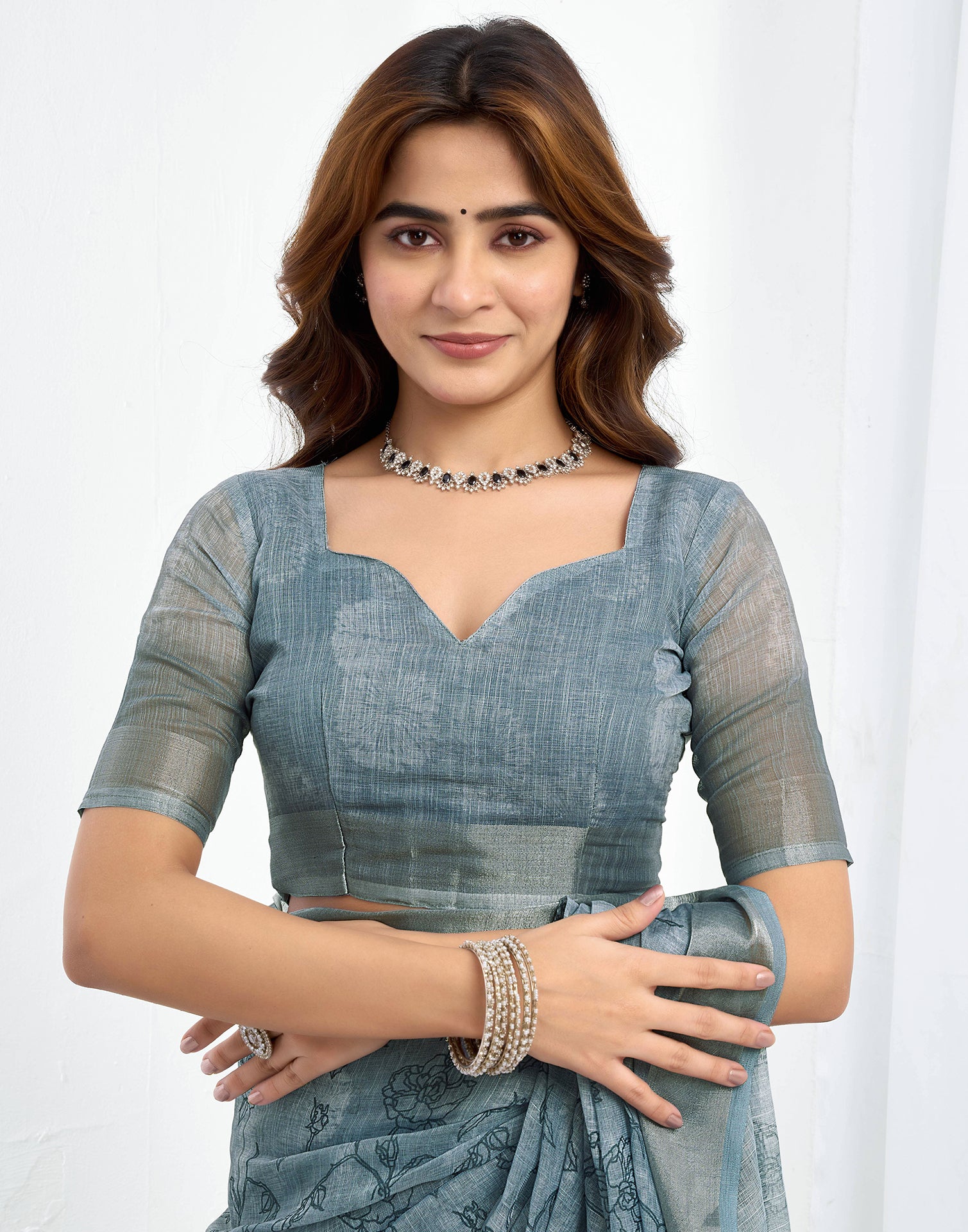 Ready To Wear Grey Printed Linen Saree