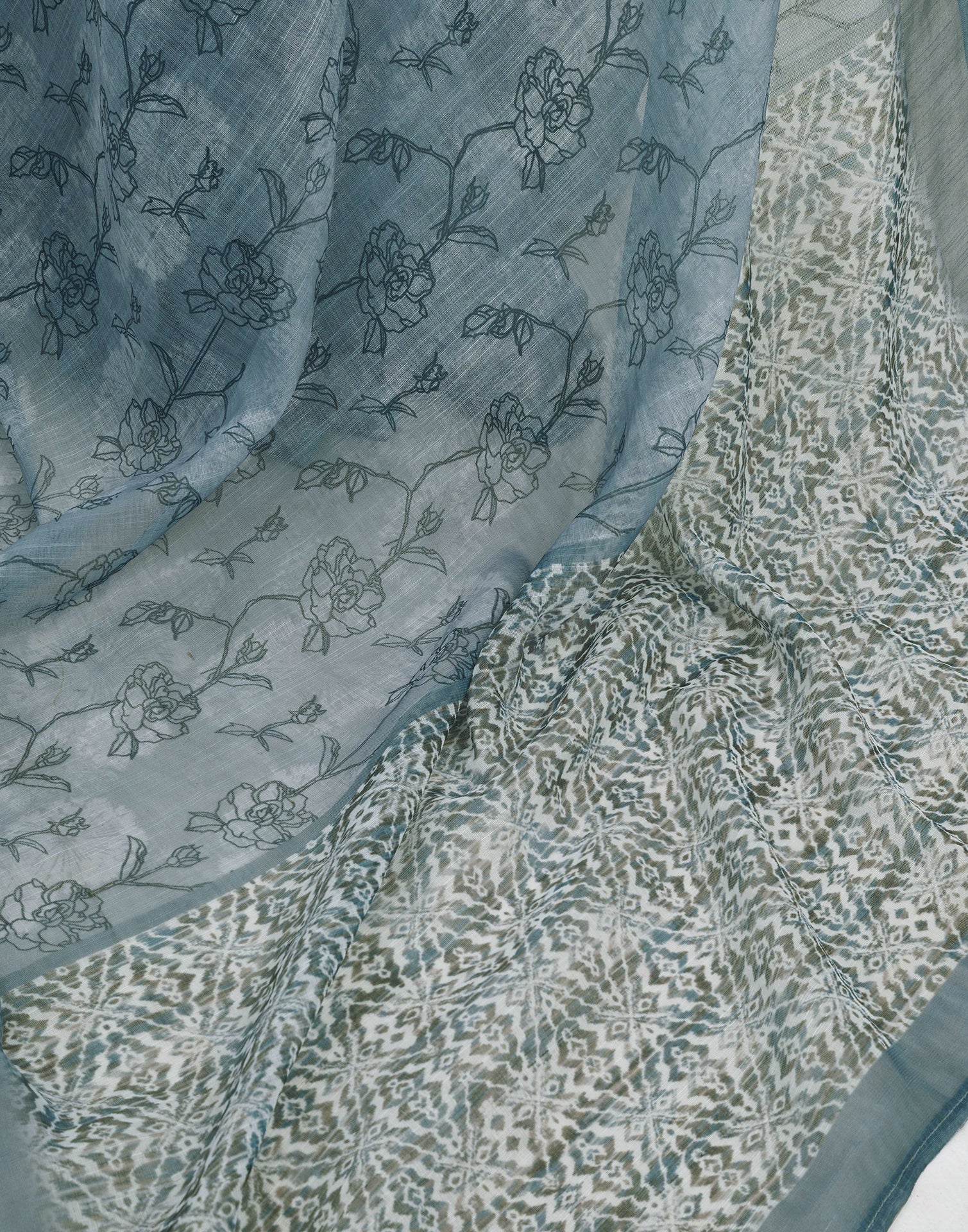 Ready To Wear Grey Printed Linen Saree